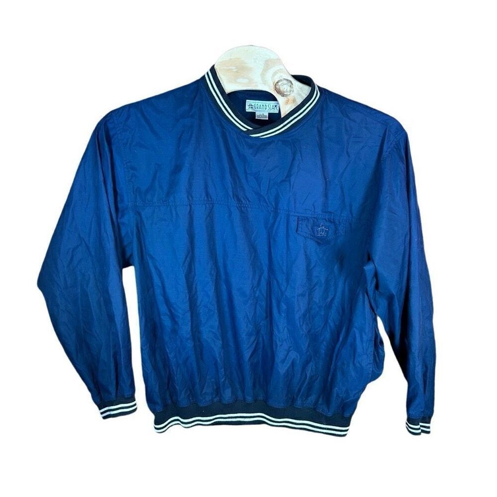 Grand Slam Large (L) Navy Blue Penguin V Neck Pull Over Wind Breaker Y2K